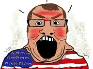 amerimutt angry blush brown_eyebrows brown_hair clothes country dean fat flag flag:united_states hair mcdonalds open_mouth soyjak stinky subvariant:science_lover united_states variant:markiplier_soyjak // 800x600 // 281.7KB