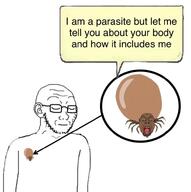 arm black_gloves brown_skin bug closed_eyes closed_mouth ear eye eyebrow eyeglasses gaping_mouth glasses mouth neck nose open_mouth parasite soyjak speech_bubble stubble subvariant:soyak_ears tick variant:bernd variant:soyak white_skin // 775x779 // 50.4KB