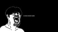 a_hideo_kojima_game asian black_background ear fringe_hair glasses goatee hair hideo_kojima messy_hair open_mouth outline round_glasses soyjak stubble text variant:gapeboy video_game // 1024x576 // 17.6KB