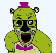 animatronic arm bear blood blue_eyes bowtie clothes ear five_nights_at_freddy's fredbear glasses hat horror open_mouth red_teeth soyjak stubble top_hat variant:el_perro_rabioso video_game // 427x400 // 37.6KB