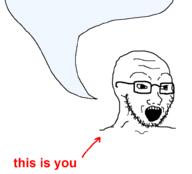 arrow glasses open_mouth soyjak speech_bubble_empty stubble text variant:soyak // 981x889 // 76.2KB