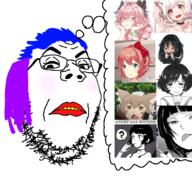anime astolfo blue_hair blush doki_doki_literature_club eyelashes fate_grand_order felix_argyle femboy frown gay girls_und_panzer glasses hair lips makeup meta:tag_character_name purple_hair re_zero sayori soyjak stubble thought_bubble tranny variant:gapejak yellow_teeth // 1100x1017 // 832.6KB