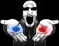arm artist:doddermod bluepill clothes finger glasses hand holding_object jacket leather leather_jacket matrix meds morpheus open_mouth pill redpill shadow shiny soyjak stubble sunglasses the_matrix tinted_glasses variant:markiplier_soyjak // 463x360 // 85.0KB