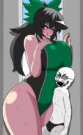 anime arm bloodshot_eyes blush booba closed_eyes clothes coomer_artstyle crying giantess hair leg long_hair open_mouth reiuji_utsuho shirtless shota smile soyjak stubble swimsuit touhou variant:cryboy_soyjak video_game wall white_skin // 741x1200 // 685.1KB