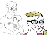 bottle clothes drinking drinking_straw ear glasses hair meta:nas nintendo oekaki redraw smug soy soyjak soylent variant:wojak video_game wojak yellow_hair // 951x706 // 189.6KB