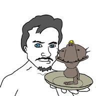 2soyjaks arm blue_eyes closed_mouth ear goatee grey_hair hair hand holding_object holding_plate meta:tagme mustache oddworld plate smile soyjak subvariant:munch variant:platejak video_game // 1000x1000 // 36.8KB