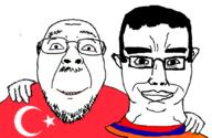 2soyjaks armenia chud_troon_alliance clothes ear flag flag:armenia flag:turkiye friendship glasses hair hand happy smile soyjak stubble subvariant:chudjak_front turkiye variant:bernd variant:chudjak // 834x541 // 261.7KB
