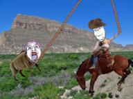 2soyjaks animal bloodshot_eyes cowboy_hat crying eyelashes glasses hair horse horseback_riding irl_background mustache purple_hair rope smile soyjak stubble subvariant:wholesome_soyjak tongue tranny variant:bernd variant:gapejak yellow_teeth // 1024x768 // 1.8MB