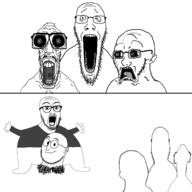 closed_mouth comic doug_walker ear full_body glasses nostalgia_critic open_mouth scared_trio smile stubble subvariant:doctos surprised variant:mentaljak variant:nostaljak variant:scientolojak variant:weirdpenis // 3072x3072 // 1.7MB
