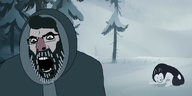 black_beard black_hair canada dog freezing fur_coat husky ice icy_beard man pale_skin parka red_nose short_film snow soyjak to_build_a_fire_(short_story) tree variant:cobson winter_coat yukon // 3097x1541 // 359.5KB