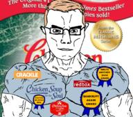 arm artist:ptr100 award book brown_eyes buff chicken chicken_soup_for_the_soul closed_mouth clothes crackle ear food glasses hair pet_food redbox ribbon soul soup subvariant:chudjak_front subvariant:muscular_chud text variant:chudjak // 1059x929 // 596.4KB