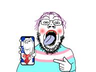blush eyebrows eyes fat flag:transgender_pride_flag forehead_lines full_body glasses hand holding_object holding_phone lipstick looking_at_you mouth nose nostril open_mouth phone pink_hair pointing showing_phone showing_something stubble subvariant:gapejak_front teeth template tongue tongue_out tranny trans transgender_flag transparent troon variant:gapejak white_background yellow_teeth // 1200x900 // 124.3KB
