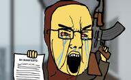 ak-47 arm background blood_debt_(roblox) bloodshot_eyes communism crying firearm holding_gun holding_object holding_rifle manifesto mass_shooter open_mouth paper rifle roblox shooter text toque variant:chudjak weapon yellow_skin // 680x414 // 108.7KB
