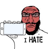 angry arm beard closed_mouth glasses hair hand holding_object phone red_skin soyjak subvariant:phoneplier subvariant:phoneplier_horizontal subvariant:science_lover subvariant:science_lover_phone template text variant:markiplier_soyjak // 908x924 // 22.8KB