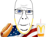 blue_eyes closed_mouth drink food glasses hotdog mcdonalds smile soyjak stubble subvariant:cobson_front subvariant:nucob united_states variant:cobson yellow_hair // 987x791 // 318.6KB