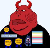 award banned_user black_shirt brimmiest_comments_section☣️☣️☣️_do_not_enter☣️☣️☣️ closed_mouth clothes countrywar demon demon_horns double_chin facial_mark fat flag flag:map flag:minor_attracted_person flag:transgender_pride_flag horn looking_to_the_left multiple_awards mutt namefag_drama obese order_of_nine_angles panty_&_stocking_with_garterbelt pedophile red_skin satanist satanist_warrior_(user) soyjak stocking_anarchy stubble transparent_background variant:meximutt // 888x849 // 182.1KB
