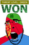 ahegao country emerald eritrea flag flag:eritrea gem glasses green green_eyes hair looking_up open_mouth schlog_color_event soyjak soyjak_blog stubble teeth text threat_level_green variant:cobson won // 721x1115 // 182.5KB