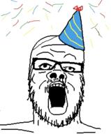 clothes glasses hat open_mouth party party_hat soyjak stubble variant:a24_slowburn_soyjak // 500x602 // 107.8KB