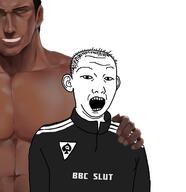 bbc blacked buff clothes ear hair hand negro open_mouth queen_of_spades smile soyjak track_suit variant:carterjak variant:kuzjak // 1484x1529 // 540.0KB