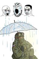 3soyjaks angry bloodshot_eyes clenched_teeth closed_mouth crying glasses hair open_mouth ribbon_of_saint_george russia russo_ukrainian_war soldier soyjak stubble swastika ukraine umbrella variant:chudjak variant:gapejak variant:soyak z_(russian_symbol) // 850x1280 // 104.0KB