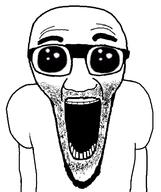 arm clothes deformed glasses oh_my_god_she_is_so_attractive open_mouth soyjak stretched_mouth stubble subvariant:el_perro_loco tshirt variant:el_perro_rabioso // 788x941 // 139.6KB