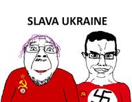 2soyjaks badge closed_mouth clothes communism ear flag glasses hair hammer_and_sickle mustache nazism purple_hair russo_ukrainian_war smile soyjak stubble subvariant:chudjak_front swastika text tranny ukraine variant:bernd variant:chudjak // 870x670 // 136.6KB