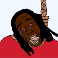 alternate black_skin bloodshot_eyes clothes crying hair hanging open_mouth rope soyjak suicide tongue variant:rizzjak yellow_teeth // 3464x3464 // 1.7MB