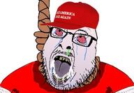 bloodshot_eyes crying donald_trump drool fat glasses hanging maga maga_hat make_america_great_again mucus mustache open_mouth rope soyjak stubble variant:hilbert_soyjak // 513x356 // 30.5KB