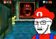 animal basement clothes fur gem glasses hat looking_at_you mario mips nintendo overalls painting rabbit scared schizo stubble subvariant:schizojak subvariant:soyak_(concerned) super_mario_64 variant:feraljak variant:impish_soyak_ears variant:markiplier_soyjak variant:soyak video_game water // 944x658 // 442.8KB