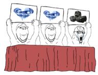 3soyjaks arm bloodshot_eyes coal crying gem glasses hand holding_object judge large_eyebrows open_mouth sign soyjak stubble subvariant:wholesome_soyjak table variant:gapejak variant:soyak // 1197x918 // 333.2KB