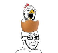 animal beak beard chicken cracked cracked_egg cross_eyed drool dumb egg glasses hand happy object object_on_head open_mouth soyjak stubble subvariant:soyak_(irritated) variant:gapejak variant:soyak // 1001x900 // 187.9KB