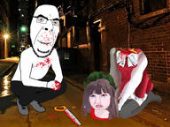 beheaded blood chen city clothes cosplay dumpster full_body glasses gore irl saw soyjak squatting stubble variant:cobson // 2475x1859 // 779.9KB