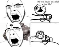 2soyjaks angry bbc cereal cereal_guy glasses meme meta:pornographic_content negro nsfw open_mouth queen_of_spades sex soyjak stubble text variant:cobson // 499x398 // 117.8KB