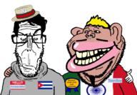 2soyjaks FerdinandDist(namefag) ToonSoy_(NameFag) amerimutt big_lips closed_mouth clothes cuba cuba_vs_mexico ear euromutt flag:cuba flag:india flag:mexico friendship glasses goatee grey_shirt hair half_open_mouth hand happy hat india mexico mustache name_tag no_more_brother_wars smile smug soyjak stubble subvariant:euromutt subvariant:impish_amerimutt text variant:impish_soyak_ears variant:markiplier_soyjak yellow_hair // 1312x912 // 253.7KB