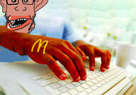 amerimutt brown_skin clothes cup ear hand keyboard lips mcdonalds open_mouth red_hands red_skin soyjak stubble typing variant:markiplier_soyjak // 1276x895 // 167.9KB