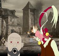 axe balding beard clothes ear leon_scott_kennedy monster open_mouth red_eyes resident_evil resident_evil_4 soyjak variant:two_pointing_soyjaks video_game white_skin yellow_hair // 1998x1918 // 2.9MB