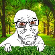 arm bloodshot_eyes ear glasses grass hand irl_background soyjak stubble variant:feraljak wrinkles yellow_teeth // 1024x1024 // 1.6MB