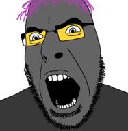 glasses grey_skin hair lolkek open_mouth purple_hair soot soot_colors soyjak soyjak_party stubble variant:cobson // 721x741 // 21.3KB