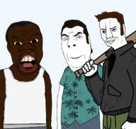 angry arm baseball_bat black_skin brown_eyes brown_hair carl_johnson claude_speed closed_mouth clothes grand_theft_auto grand_theft_auto:_san_andreas grand_theft_auto:_vice_city grand_theft_auto_iii hair hand holding_baseball_bat holding_object jacket large_nose lips open_mouth smile smug soyjak stubble subvariant:feralnigger subvariant:nucob teeth text tommy_vercetti variant:chudjak variant:cobson variant:feraljak video_game yellow_eyes yellow_sclera // 1269x1203 // 256.5KB