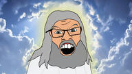 ai_extended ai_generated artist:quoog beard christianity clothes glasses glowing god green_eyes grey_hair hair heaven open_mouth religion robe sky soyjak teeth variant:feraljak white_skin // 1422x800 // 521.6KB