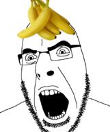 banana clothes food foodjak fruit glasses hat open_mouth random_object_on_head soyjak stubble variant:cobson // 722x862 // 192.3KB