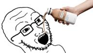 arm bottle drinking drinking_soylent glasses hand holding_bottle holding_object holding_soylent open_mouth plastic_bottle soy soyjak soylent soylent_(cacao) soylent_bottle stubble variant:soyak // 1159x665 // 230.7KB
