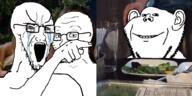 3soyjaks arm bloodshot_eyes concerned crying ear frown glasses hand irl_background large_eyebrows meme open_mouth pointing smile soyjak stretched_mouth stubble subvariant:soyak_(concerned) variant:impish_soyak_ears variant:soyak // 1009x504 // 443.2KB