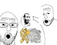 2soyjaks arm glasses gold hand happy_merchant open_mouth pointing sliver soyjak stubble variant:two_pointing_soyjaks // 750x593 // 238.3KB