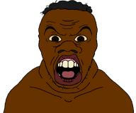 angry black_hair black_skin eyebrows front_facing hair large_nose lips looking_at_you nigger nose open_mouth soyjak stubble subvariant:feraljak_front subvariant:feralnigger teeth template transparent_background variant:feraljak yellow_eyes yellow_sclera