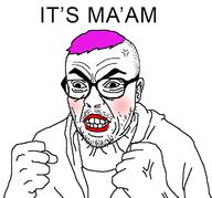 anger_mark angry arm cheeks clenched_teeth closed_mouth clothes ear glasses hair hand its_over makeup purple_hair soyjak stubble text tranny variant:clittyjak // 719x669 // 42.6KB
