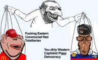 2soyjaks amerimutt award communism communist_party_of_ussr ear euromutt fight flag flag:russia flag:united_states hair hammer_and_sickle happy_merchant jewish_nose mcdonalds mustache puppet puppetmaster russia soyjak stubble subvariant:euromutt subvariant:impish_amerimutt trollface variant:impish_soyak_ears variant:markiplier_soyjak // 1795x1114 // 848.1KB