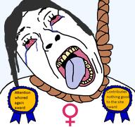 ack award bloodshot_eyes death female femoid hair looking_up open_mouth red_sclera rope teeth text tongue variant:bernd white_background woman // 771x723 // 30.6KB