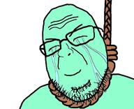 closed_eyes closed_mouth crying green_skin hanging rope smile soyjak stubble variant:shotjak // 417x339 // 54.7KB