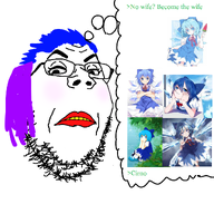 anime blue_hair cirno glasses greentext hair makeup purple_hair soyjak speech_bubble stubble text touhou tranny variant:gapejak video_game // 1100x1121 // 729.4KB